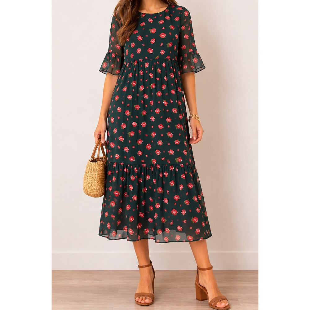 LOFT Green Floral Chiffon Midi Dress Flutter Sleeve Size 4